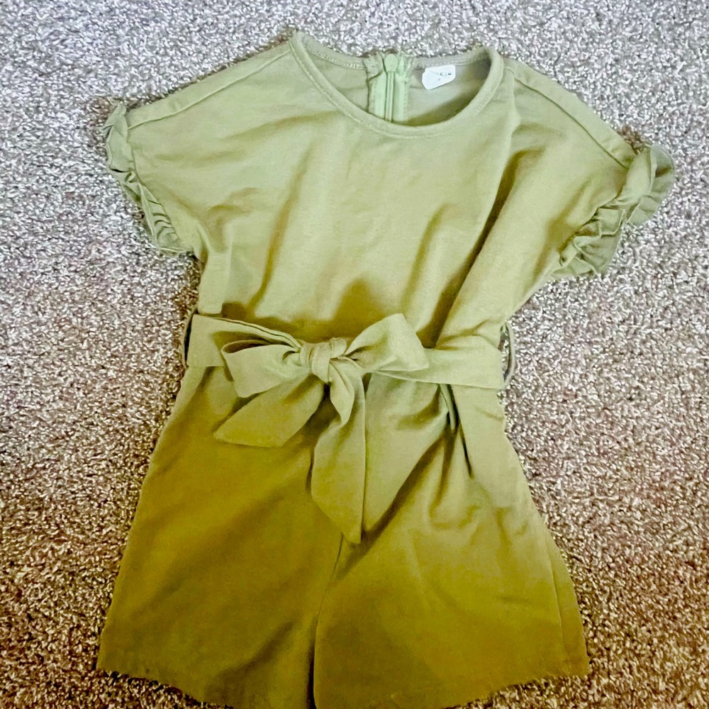 Olive green romper with zipper back and tie belt.